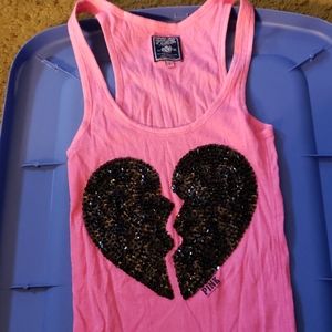 Pink racerback tank with sequined broken heart